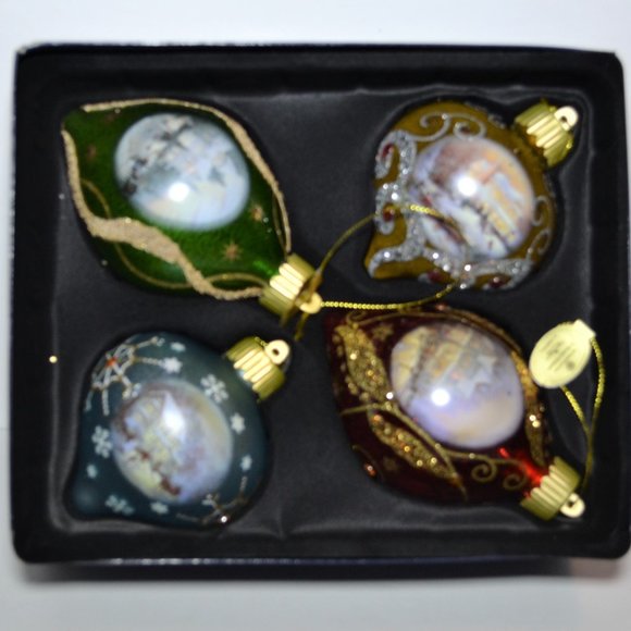 Thomas Kinkade 4 Piece Ornament Set NewOriginal Box Light Up Bradford Exchange